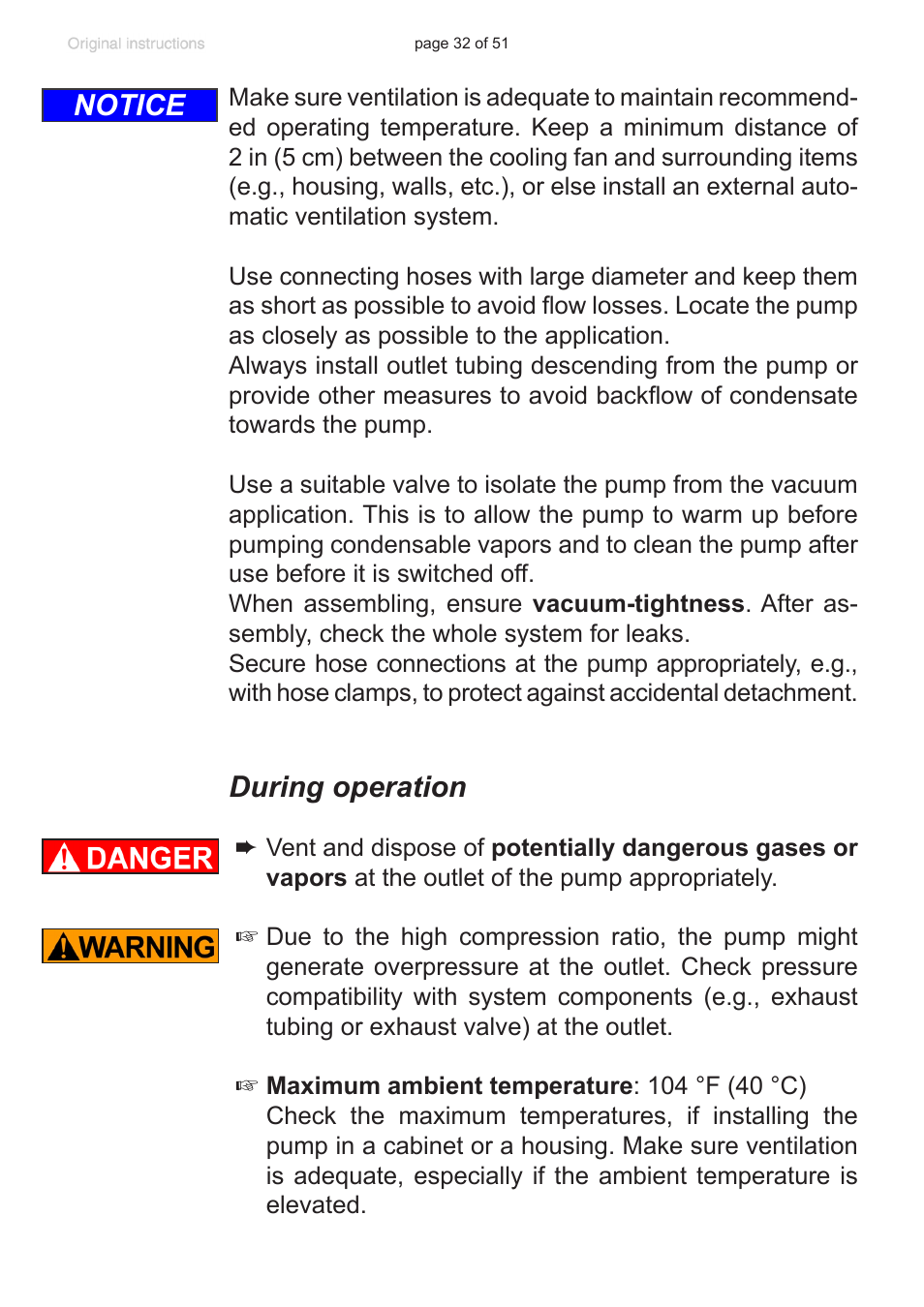 During operation, Notice | VACUUBRAND MZ 2 VARIO-SP User Manual | Page 32 / 51
