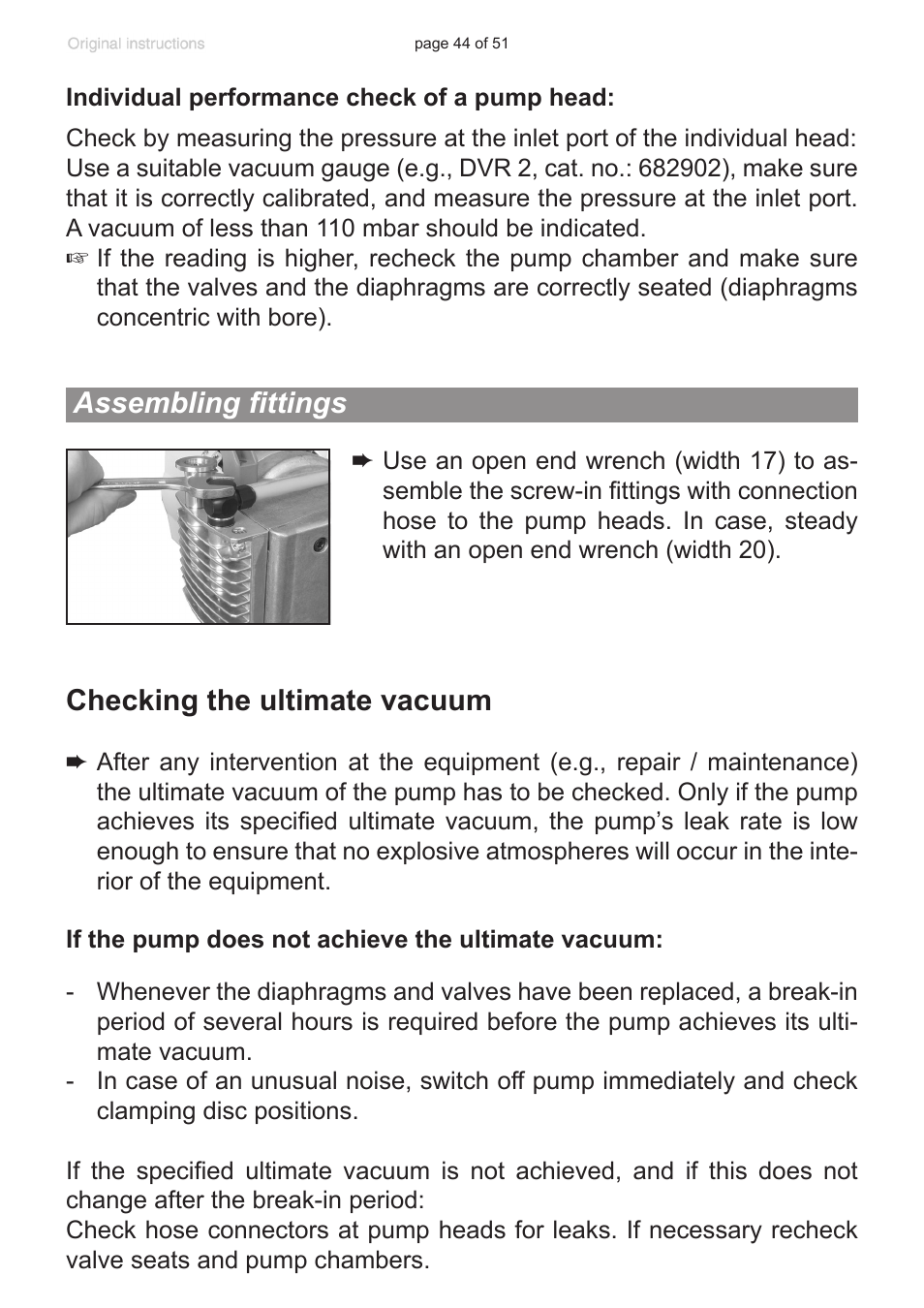 Assembling fittings, Checking the ultimate vacuum | VACUUBRAND MZ 2 VARIO-SP User Manual | Page 44 / 51