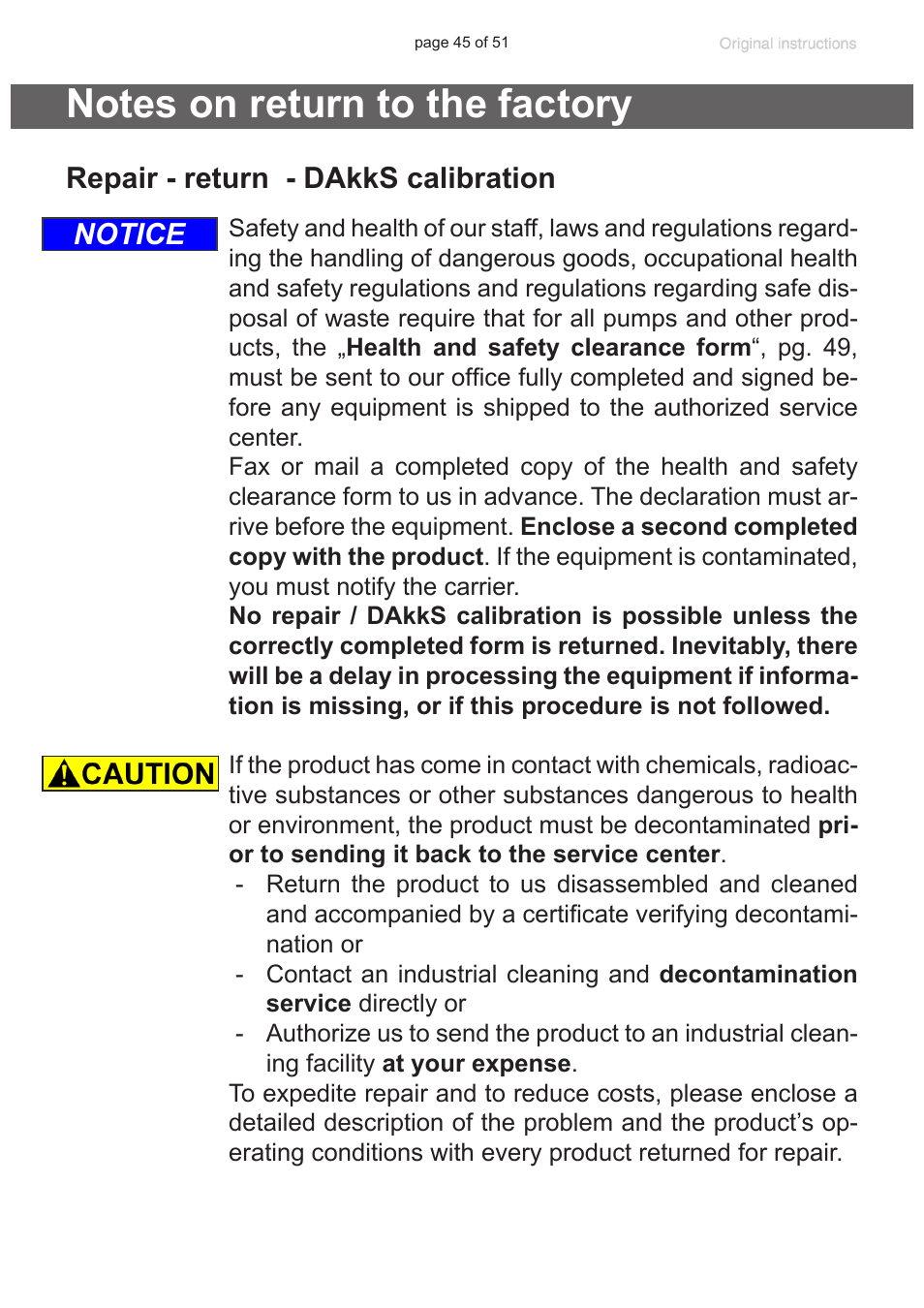 Notes on return to the factory, Repair - return - dakks calibration, Notice | VACUUBRAND MZ 2 VARIO-SP User Manual | Page 45 / 51