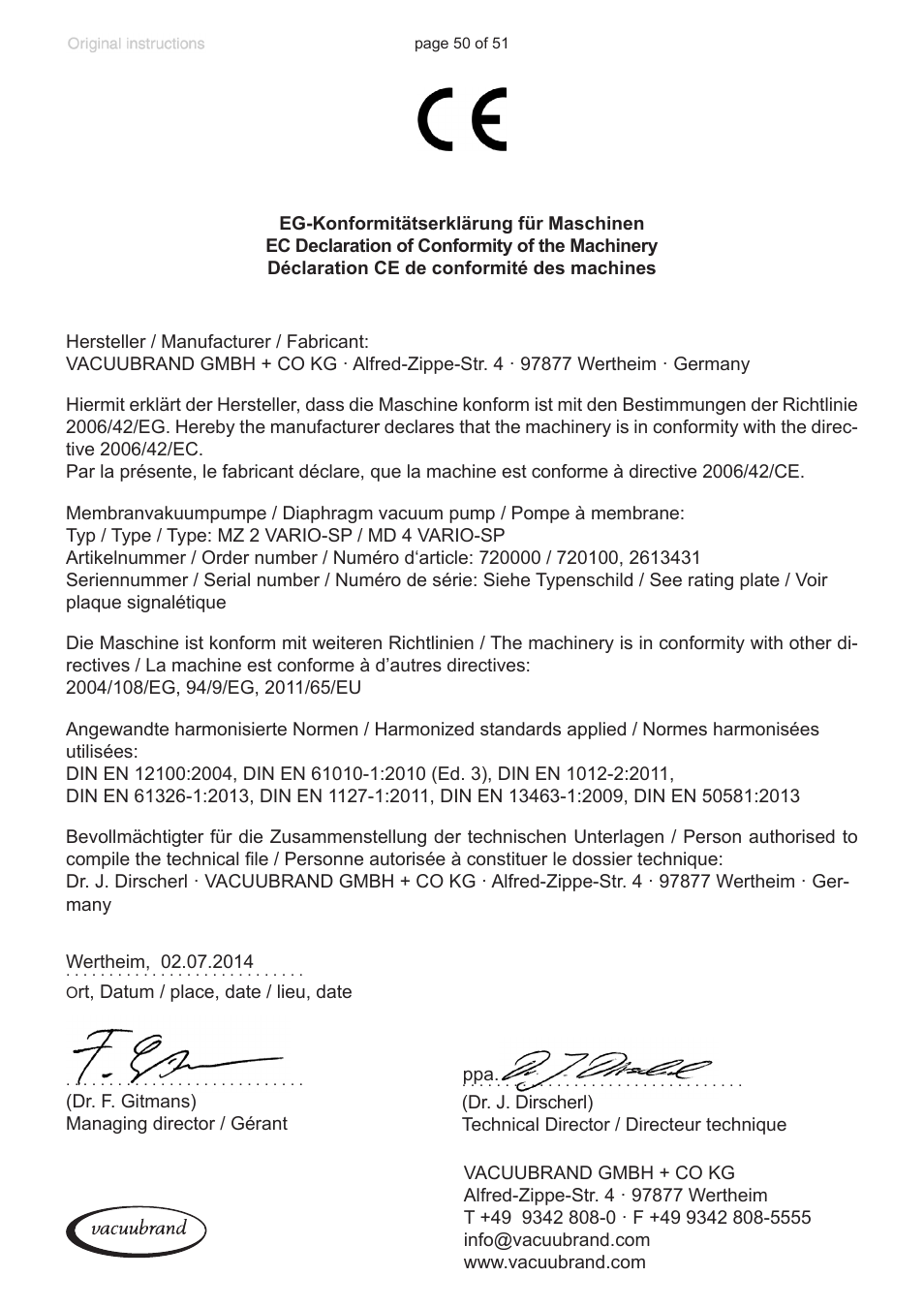 Ec declaration of conformity of the machinery | VACUUBRAND MZ 2 VARIO-SP User Manual | Page 50 / 51