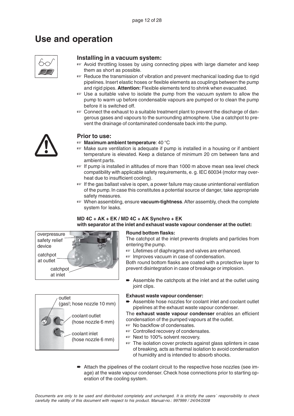 Use and operation | VACUUBRAND MZ 4C User Manual | Page 12 / 28