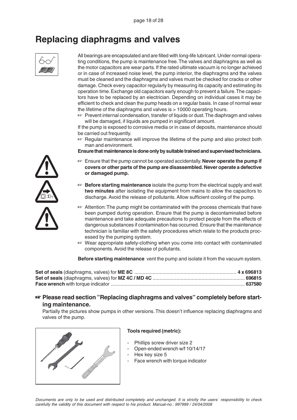 Replacing diaphragms and valves | VACUUBRAND MZ 4C User Manual | Page 18 / 28