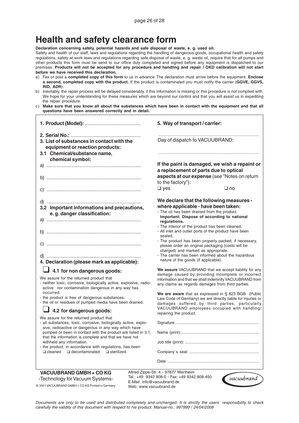 Health and safety clearance form | VACUUBRAND MZ 4C User Manual | Page 26 / 28