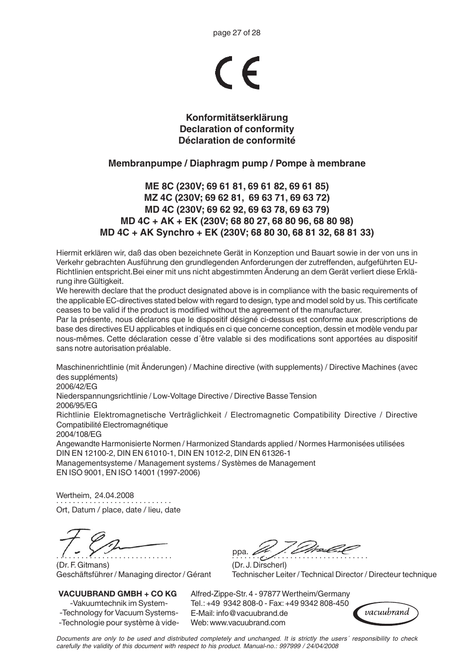 VACUUBRAND MZ 4C User Manual | Page 27 / 28