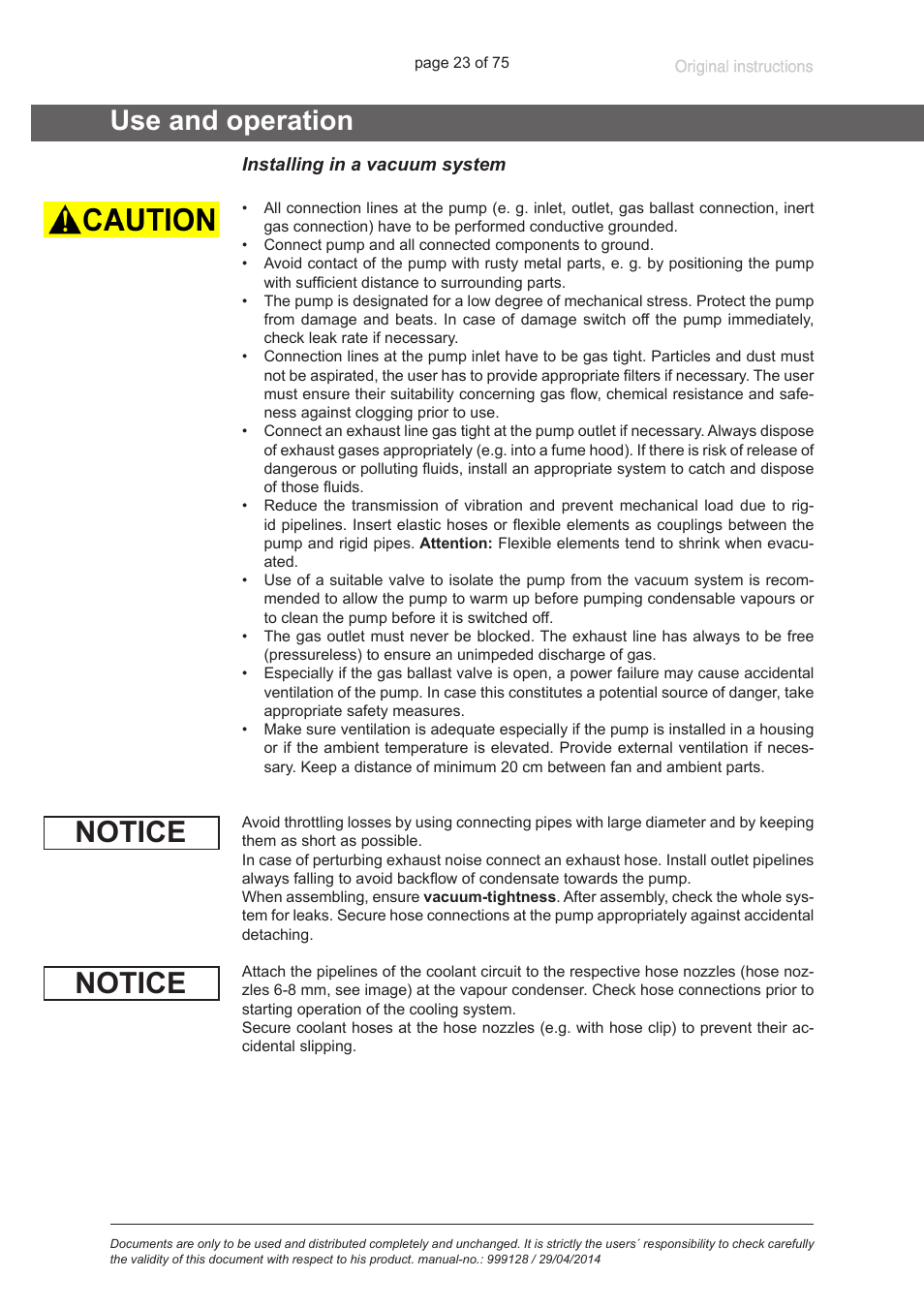 Use and operation, Installing in a vacuum system, Notice | VACUUBRAND MZ 2C EX +IK+EK User Manual | Page 23 / 75