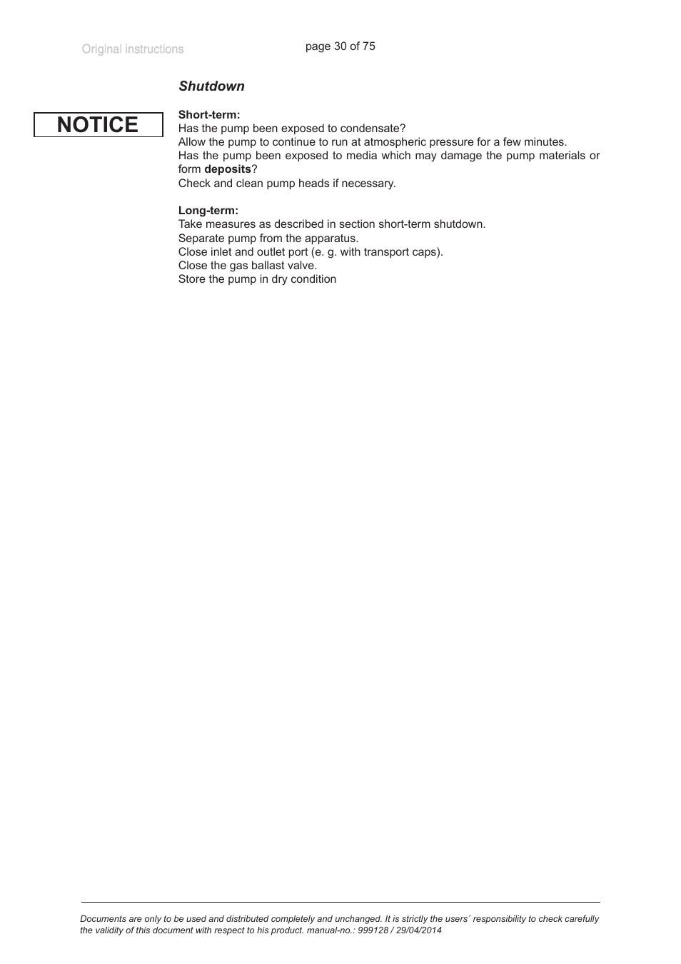 Shutdown, Notice | VACUUBRAND MZ 2C EX +IK+EK User Manual | Page 30 / 75