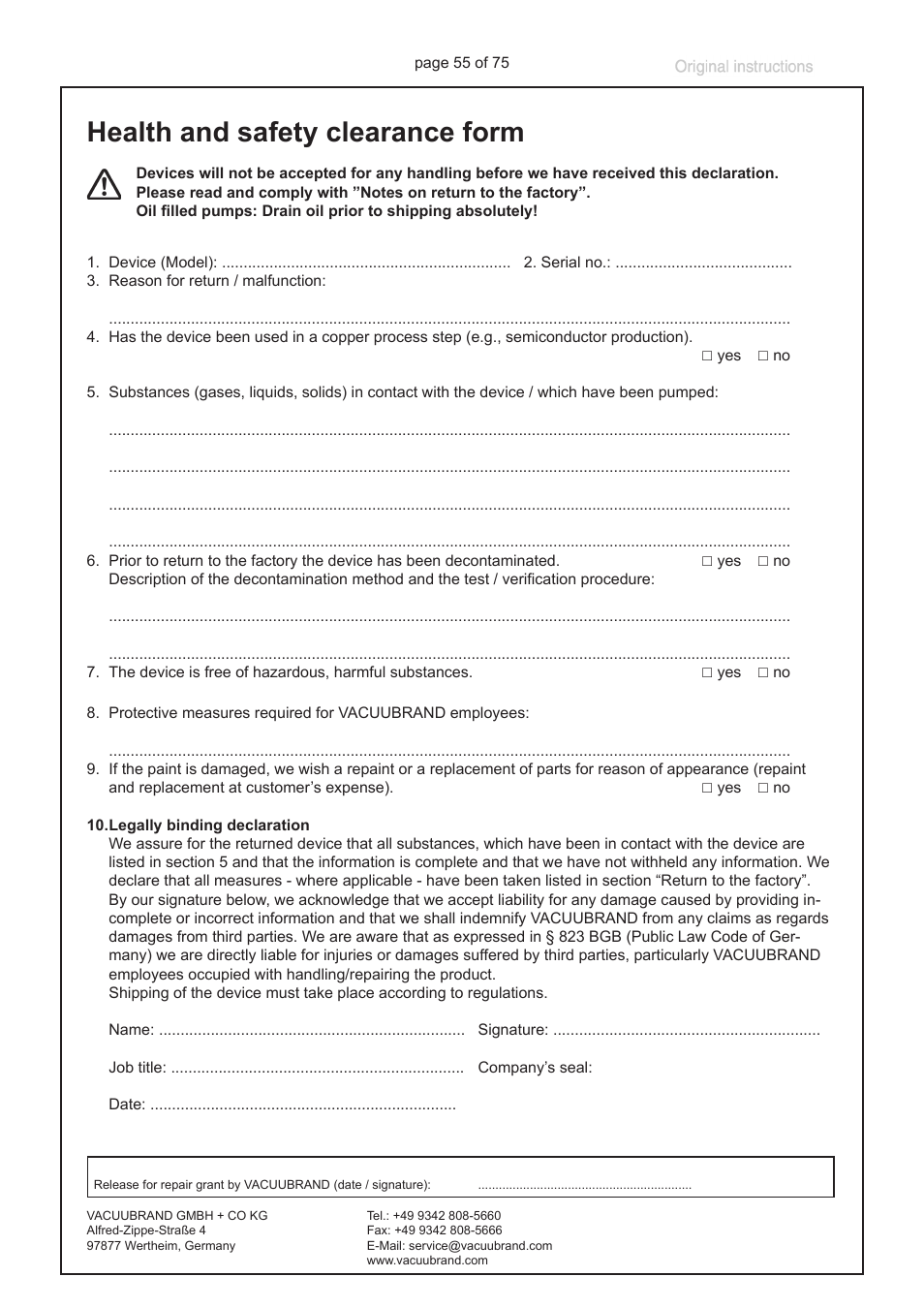 Health and safety clearance form | VACUUBRAND MZ 2C EX +IK+EK User Manual | Page 55 / 75