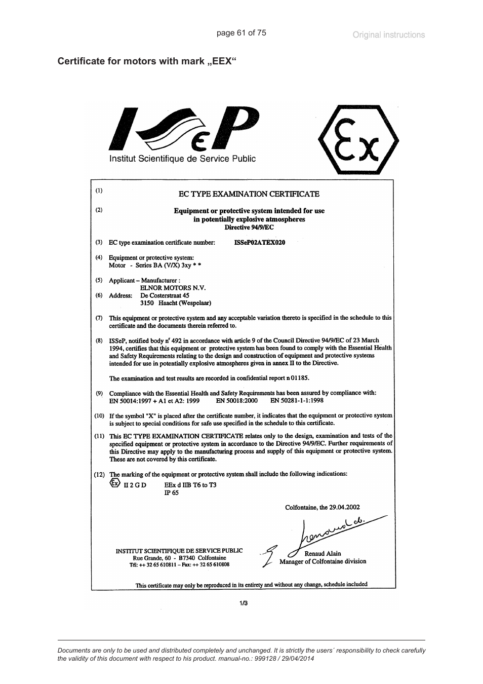 Certificate for motors with mark „eex | VACUUBRAND MZ 2C EX +IK+EK User Manual | Page 61 / 75