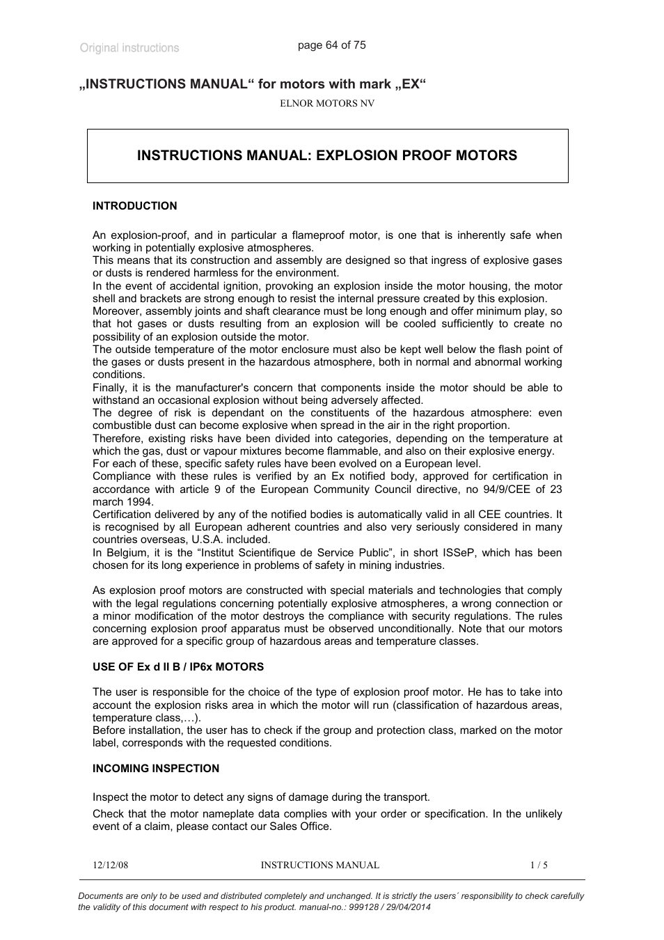 Instructions manual: explosion proof motors, Instructions manual“ for motors with mark „ex | VACUUBRAND MZ 2C EX +IK+EK User Manual | Page 64 / 75