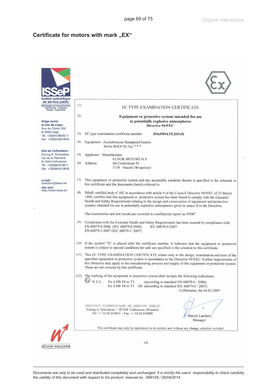 Certificate for motors with mark „ex | VACUUBRAND MZ 2C EX +IK+EK User Manual | Page 69 / 75