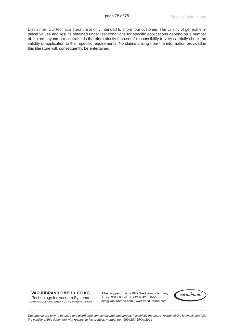 VACUUBRAND MZ 2C EX +IK+EK User Manual | Page 75 / 75