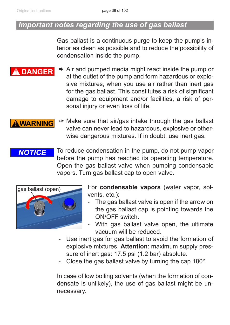 Important notes regarding the use of gas ballast, Notice | VACUUBRAND MZ 1C User Manual | Page 38 / 102