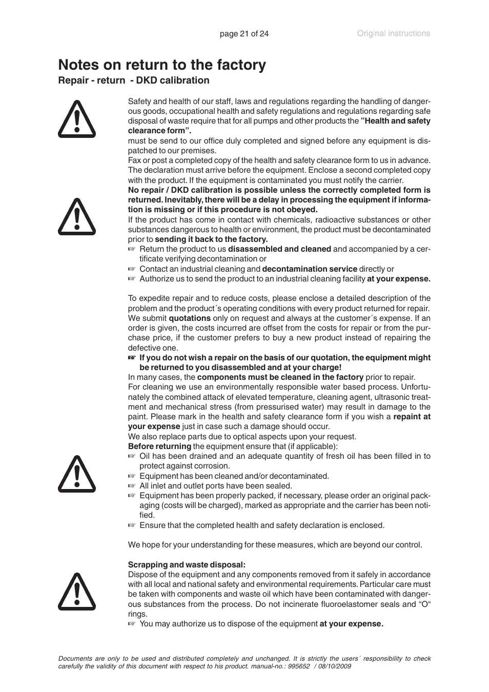 Notes on return to the factory | VACUUBRAND MZ 2D User Manual | Page 21 / 24