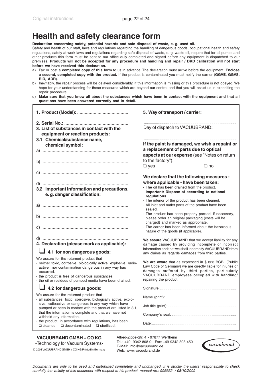 Health and safety clearance form | VACUUBRAND MZ 2D User Manual | Page 22 / 24
