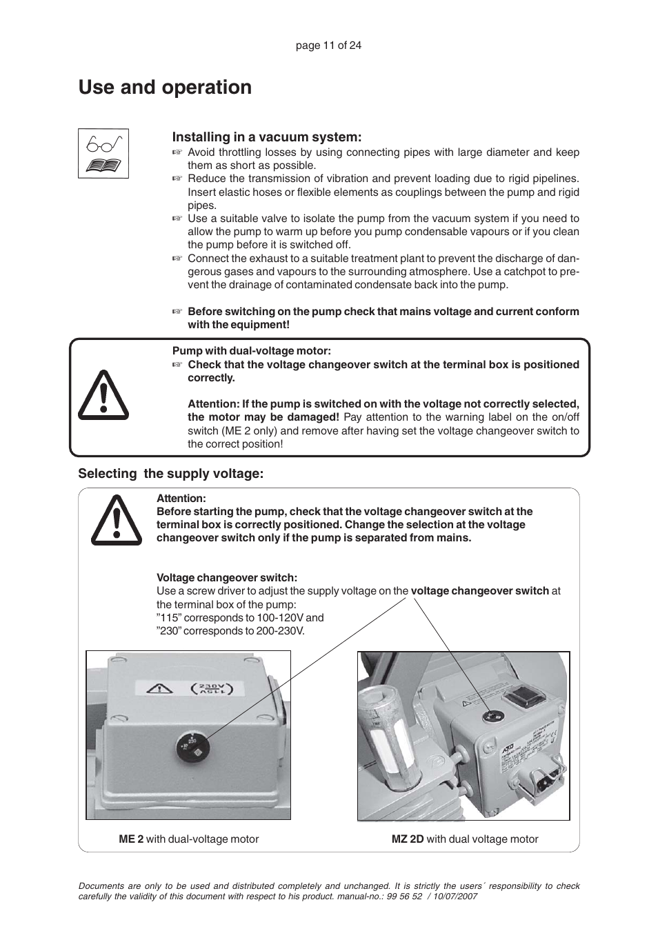 Use and operation | VACUUBRAND ME 2S User Manual | Page 15 / 28