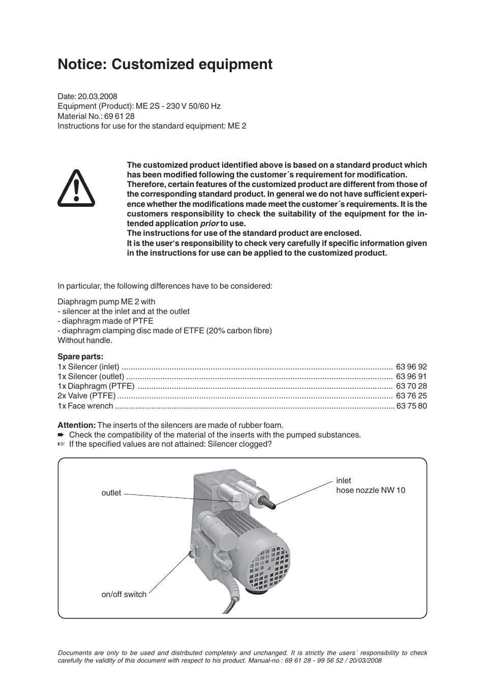 Notice: customized equipment | VACUUBRAND ME 2S User Manual | Page 3 / 28