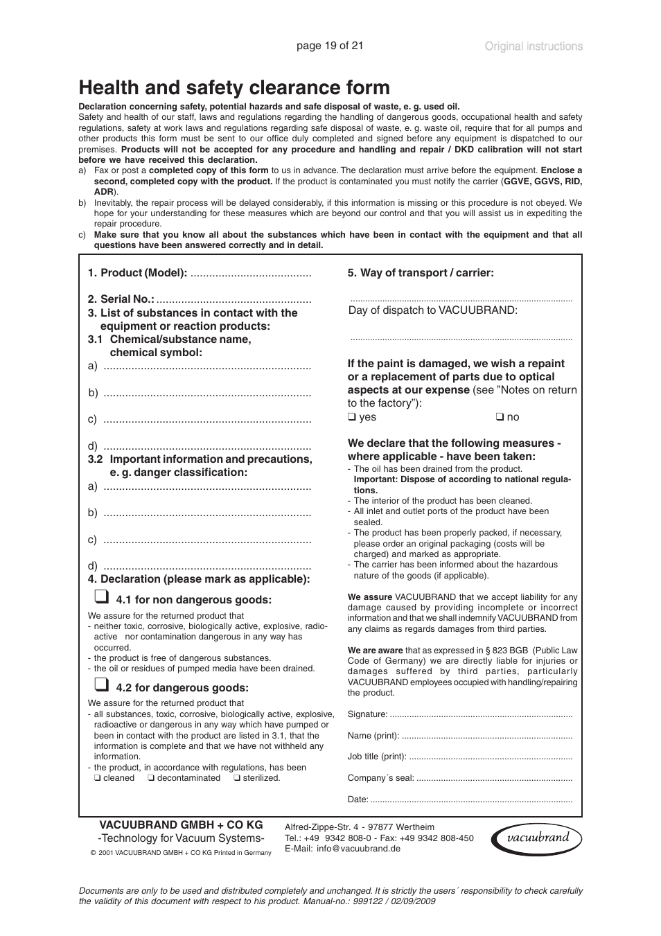 Health and safety clearance form | VACUUBRAND ME 4R User Manual | Page 19 / 21