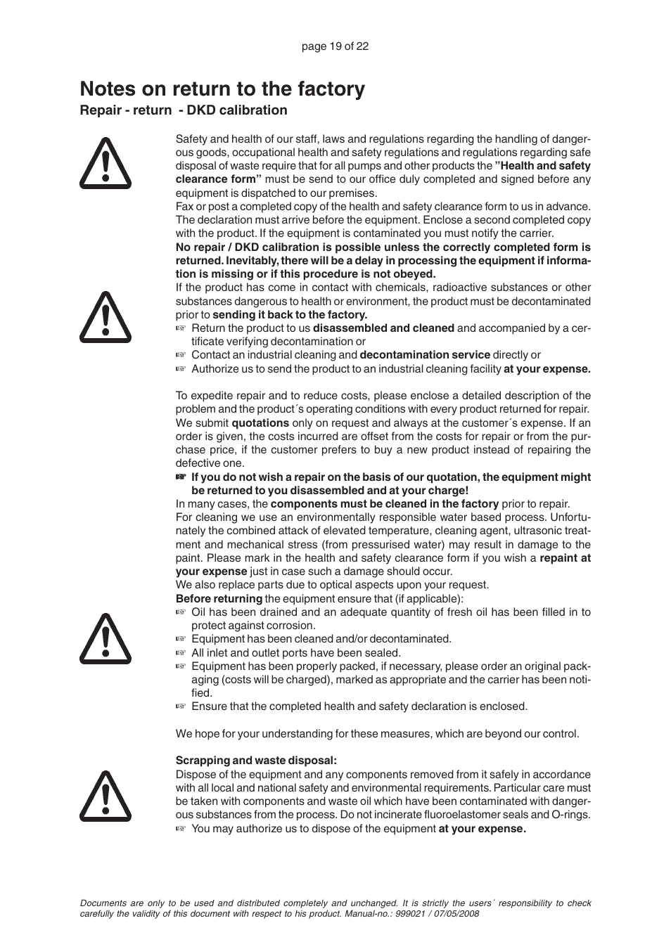 Notes on return to the factory | VACUUBRAND ME 8S User Manual | Page 23 / 26