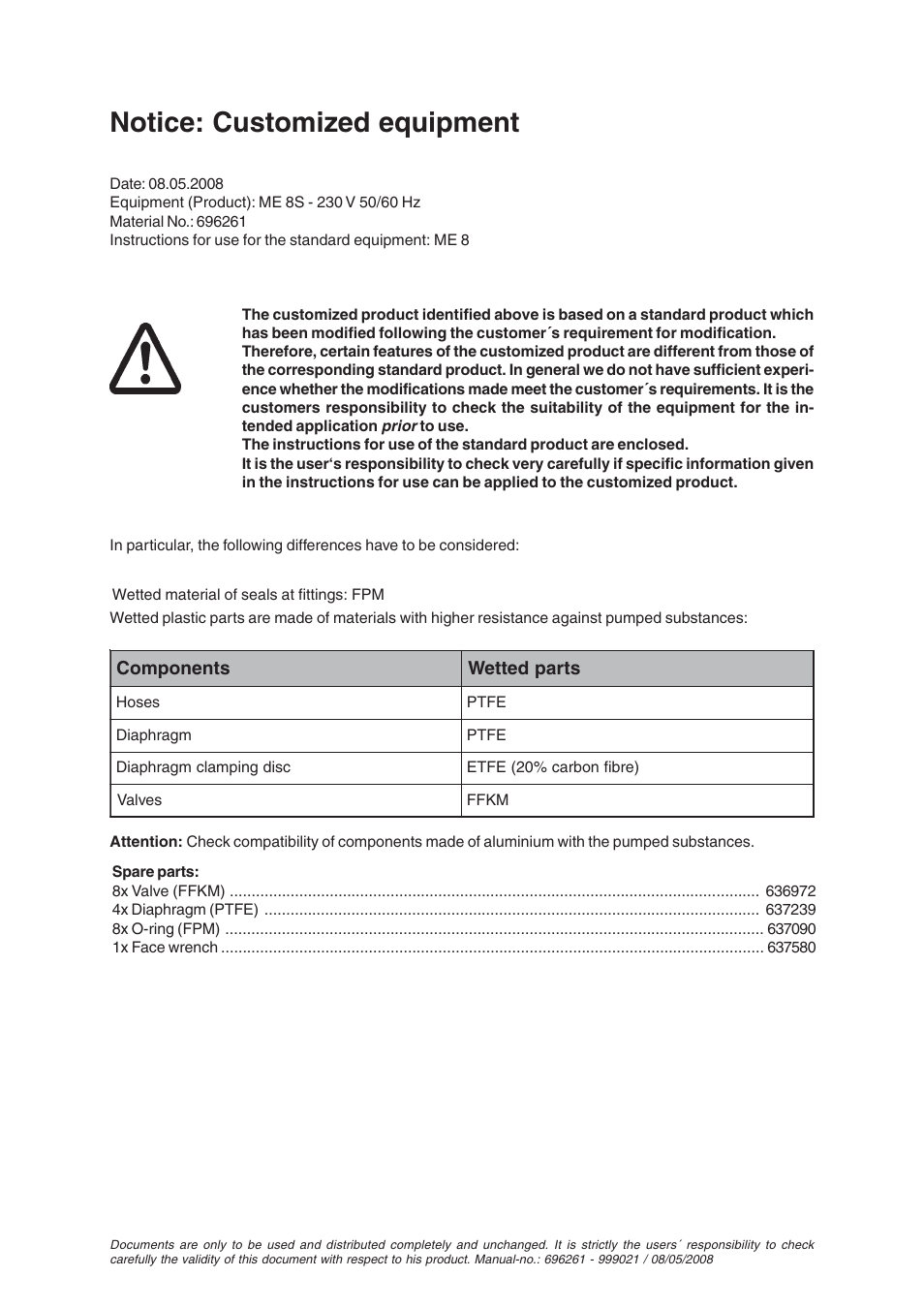 Notice: customized equipment | VACUUBRAND ME 8S User Manual | Page 3 / 26