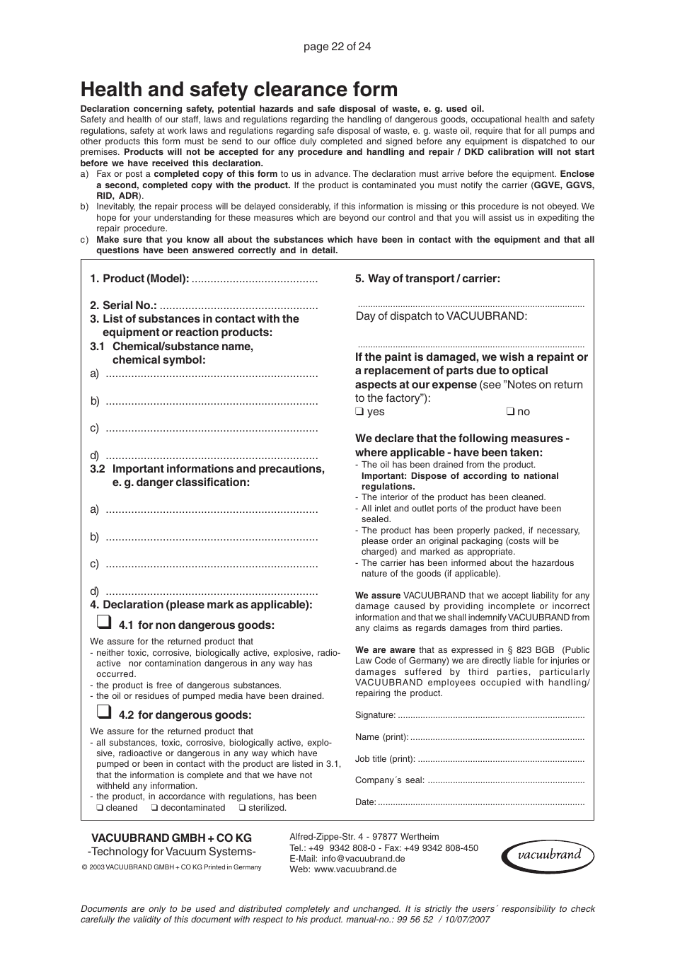 Health and safety clearance form | VACUUBRAND MZ 2S User Manual | Page 26 / 28