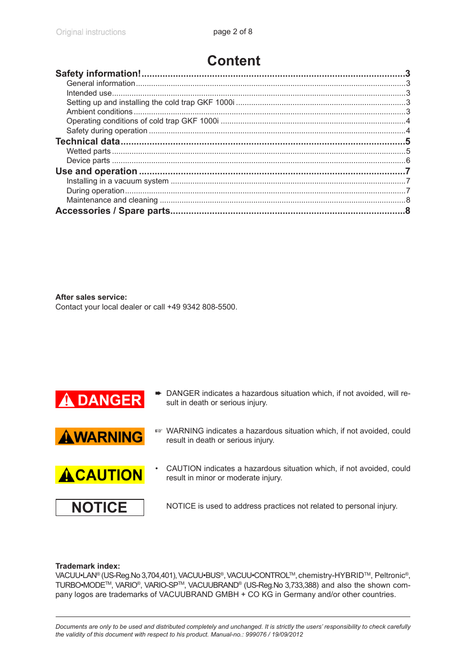 Notice, Content, Safety information | Technical data, Use and operation, Accessories / spare parts | VACUUBRAND GKF 1000i User Manual | Page 2 / 8