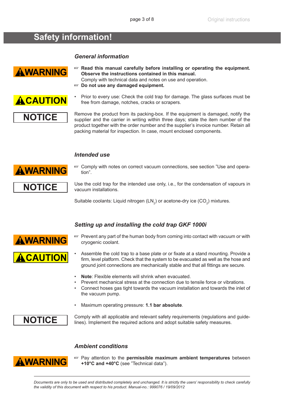 Safety information, General information, Intended use | Setting up and installing the cold trap gkf 1000i, Ambient conditions, Notice | VACUUBRAND GKF 1000i User Manual | Page 3 / 8