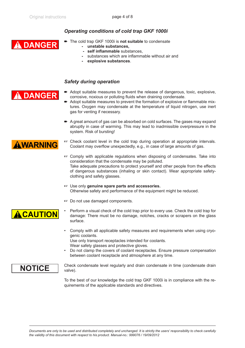 Operating conditions of cold trap gkf 1000i, Safety during operation, Notice | VACUUBRAND GKF 1000i User Manual | Page 4 / 8