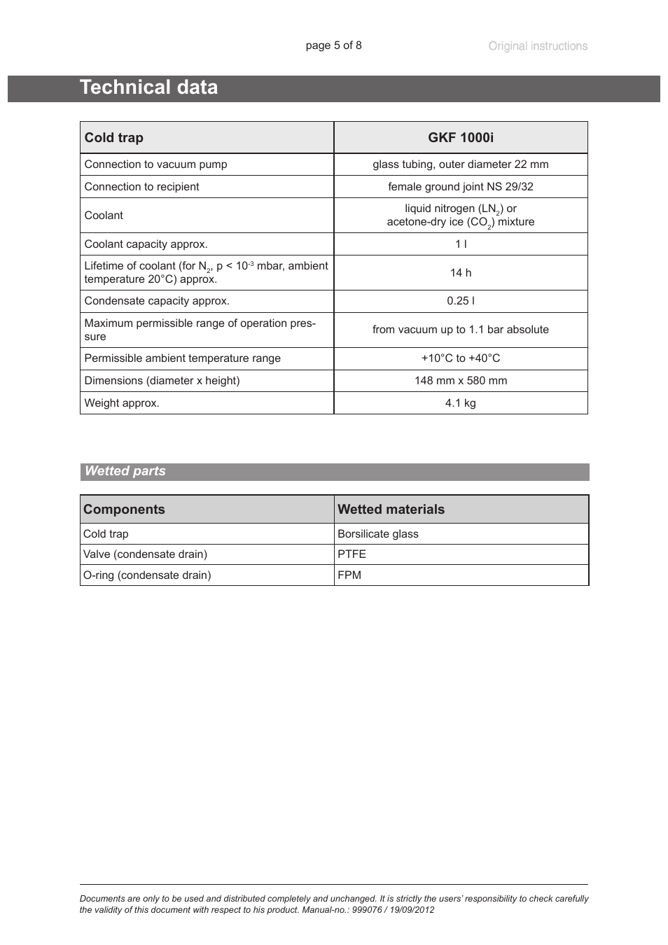 Technical data, Wetted parts | VACUUBRAND GKF 1000i User Manual | Page 5 / 8