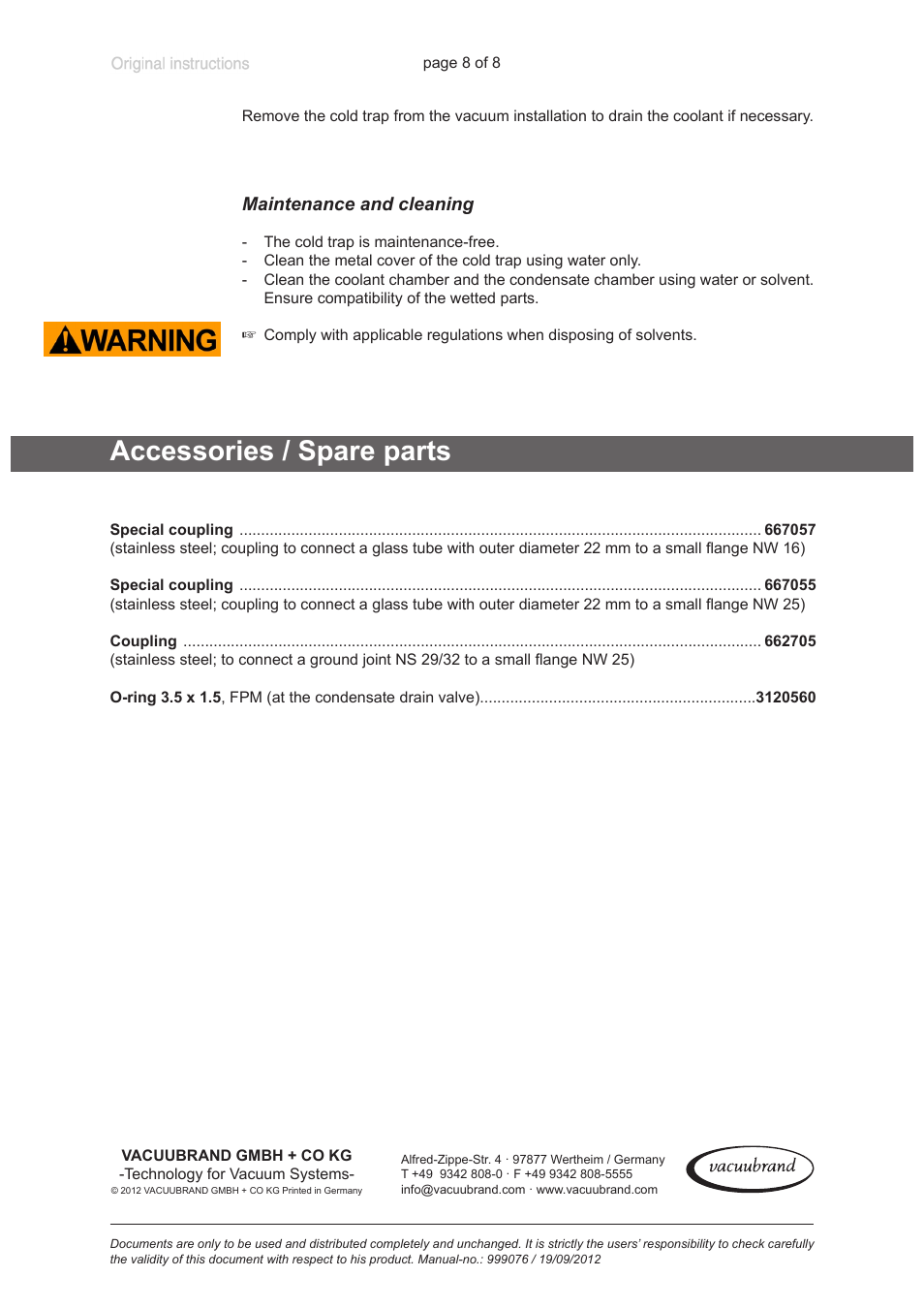 Maintenance and cleaning, Accessories / spare parts | VACUUBRAND GKF 1000i User Manual | Page 8 / 8