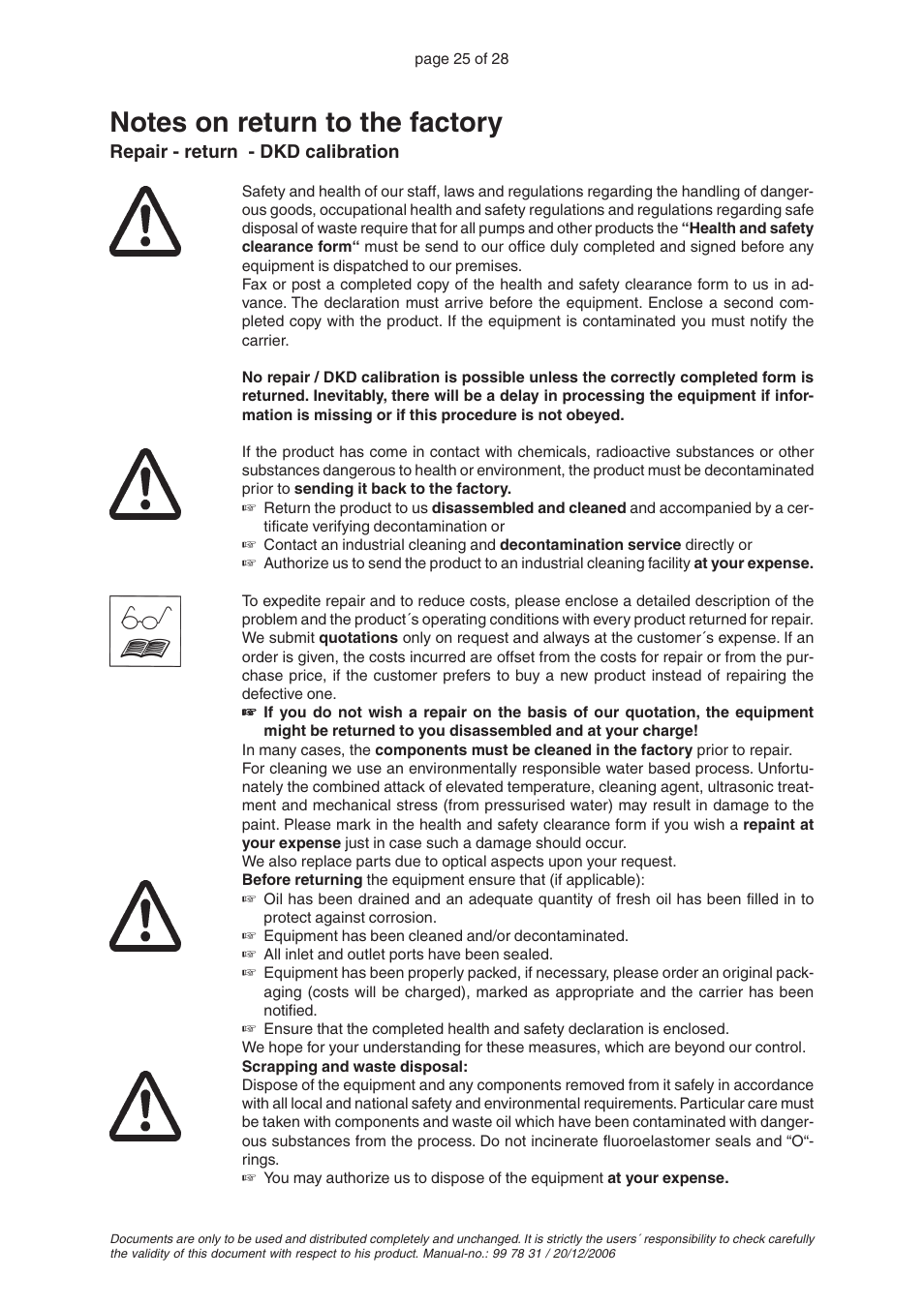 Notes on return to the factory | VACUUBRAND RC 5 User Manual | Page 25 / 28