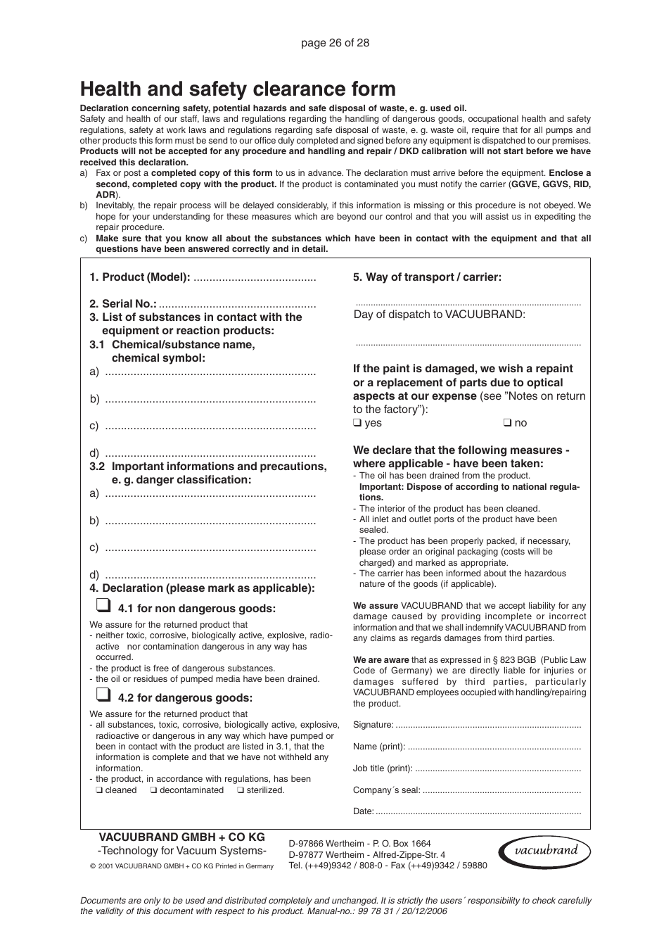 Health and safety clearance form | VACUUBRAND RC 5 User Manual | Page 26 / 28