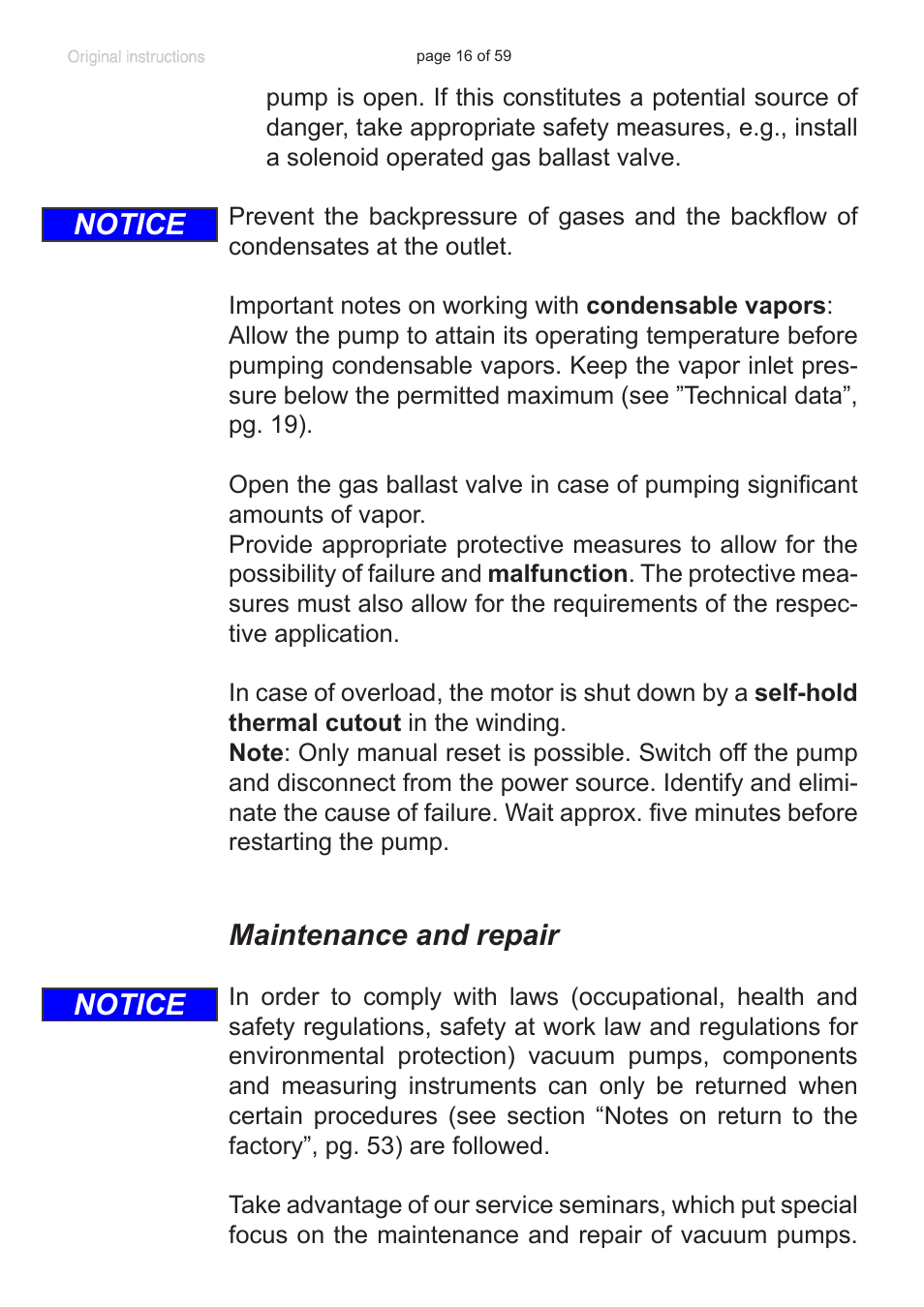 Maintenance and repair, Notice | VACUUBRAND RC 6 User Manual | Page 16 / 59