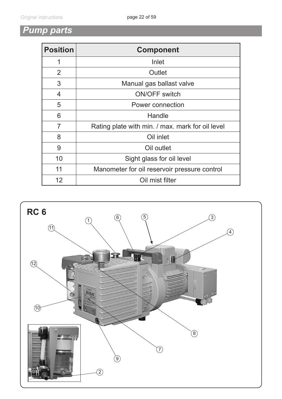 Pump parts, Rc 6, Position component | VACUUBRAND RC 6 User Manual | Page 22 / 59