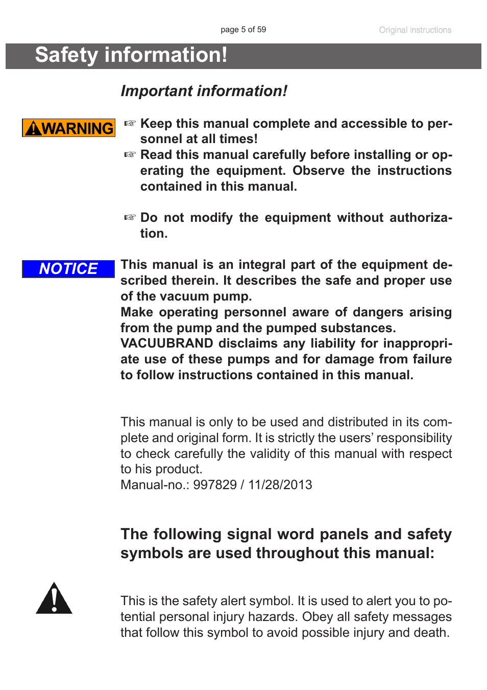 Safety information, Important information, Notice | VACUUBRAND RC 6 User Manual | Page 5 / 59