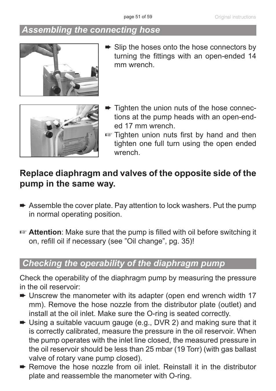 Assembling the connecting hose, Checking the operability of the diaphragm pump | VACUUBRAND RC 6 User Manual | Page 51 / 59