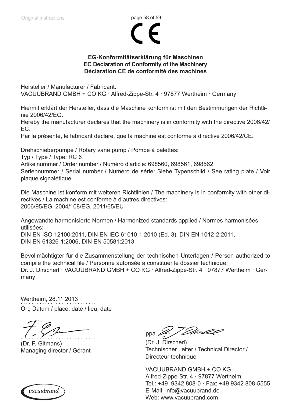 Ec declaration of conformity of the machinery | VACUUBRAND RC 6 User Manual | Page 58 / 59