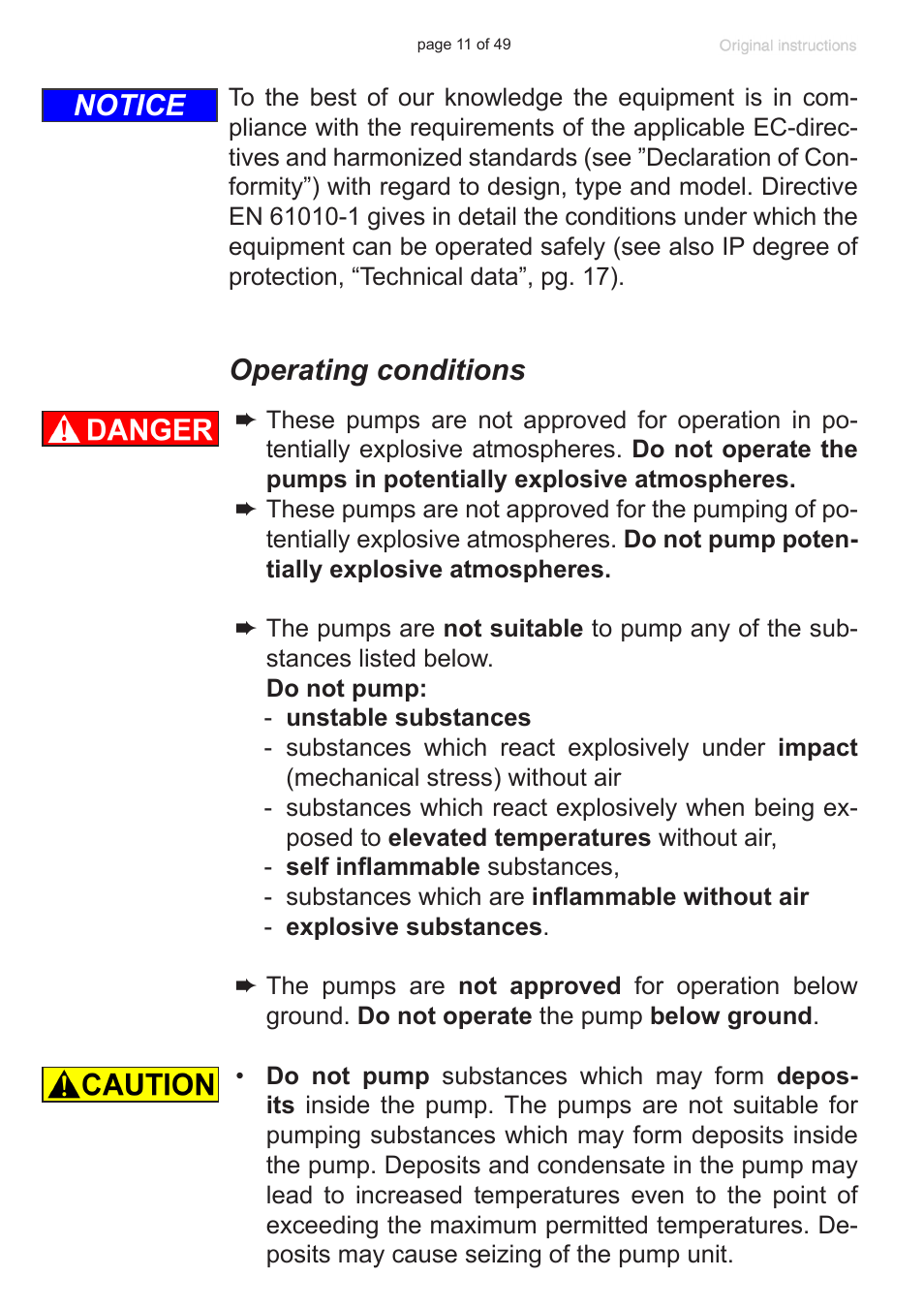 Operating conditions, Notice | VACUUBRAND RZ 9 User Manual | Page 11 / 49