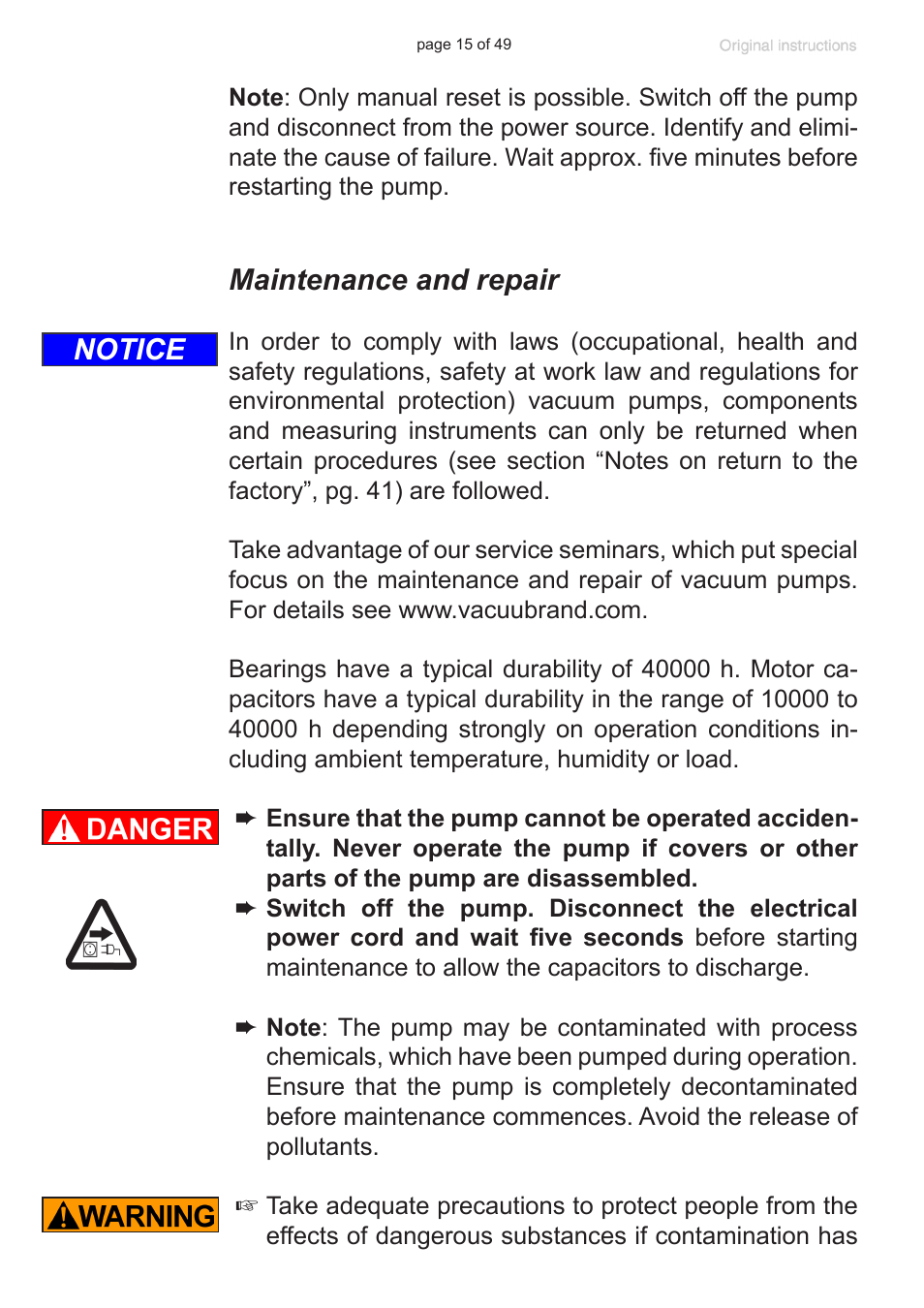 Maintenance and repair, Notice | VACUUBRAND RZ 9 User Manual | Page 15 / 49