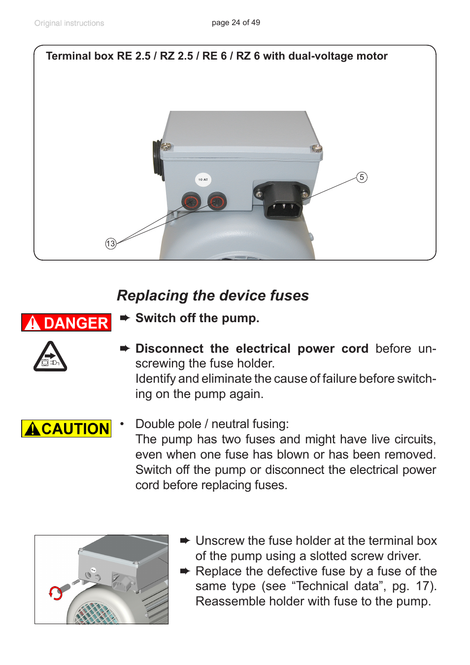 Replacing the device fuses | VACUUBRAND RZ 9 User Manual | Page 24 / 49