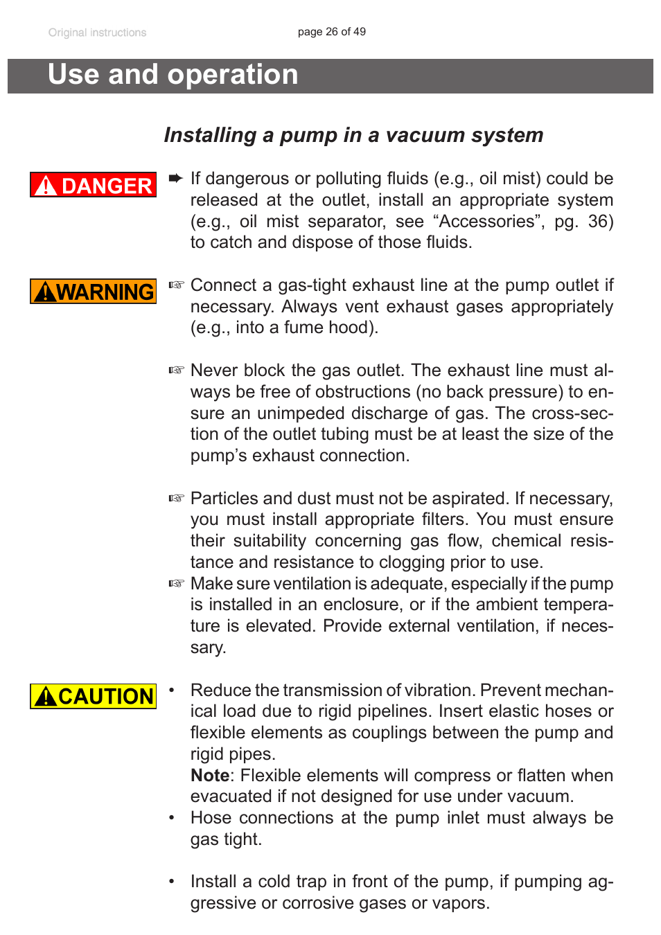 Use and operation, Installing a pump in a vacuum system, Ctions; see section “use and operation”, pg | VACUUBRAND RZ 9 User Manual | Page 26 / 49