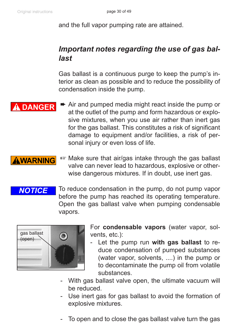 Important notes regarding the use of gas ballast, Notice | VACUUBRAND RZ 9 User Manual | Page 30 / 49