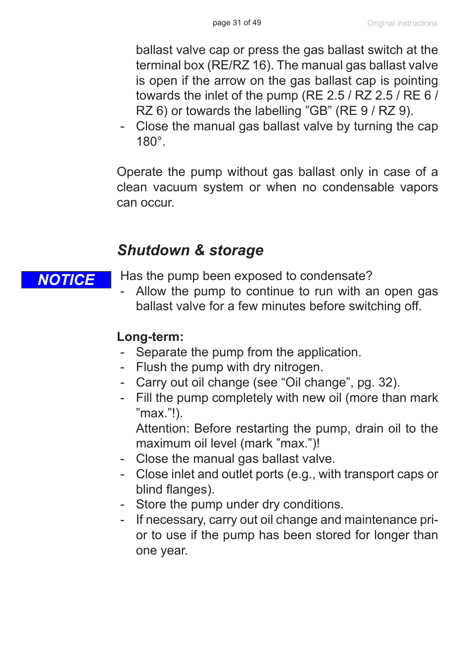 Shutdown & storage, Notice | VACUUBRAND RZ 9 User Manual | Page 31 / 49