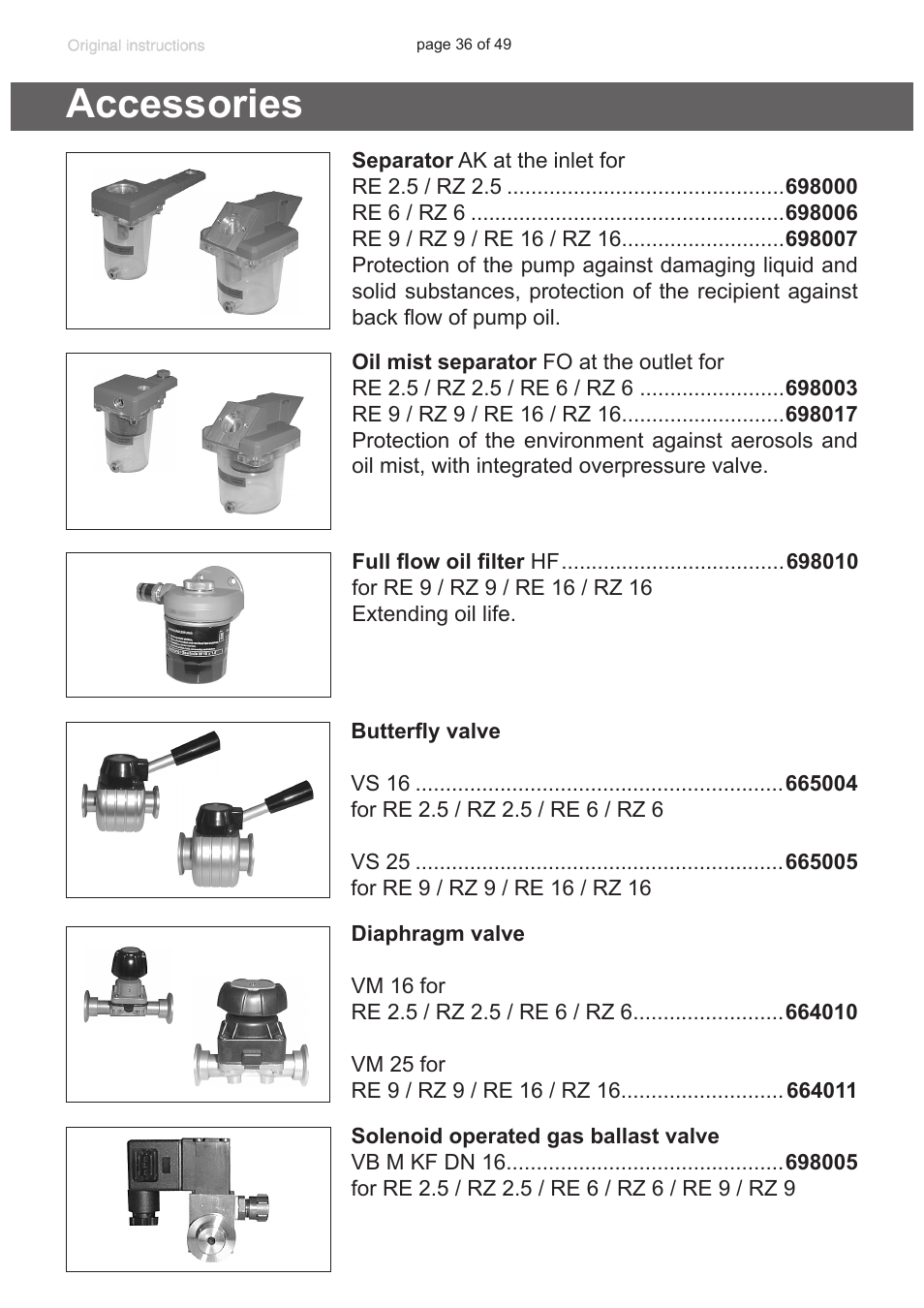 Accessories, See “acces, Sories”, pg. 36) as well as special oil | VACUUBRAND RZ 9 User Manual | Page 36 / 49