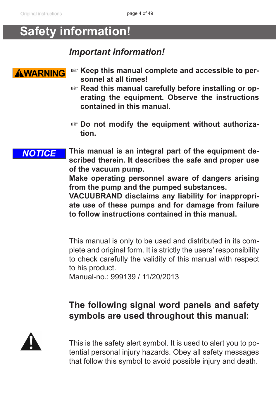 Safety information, Important information, Notice | VACUUBRAND RZ 9 User Manual | Page 4 / 49