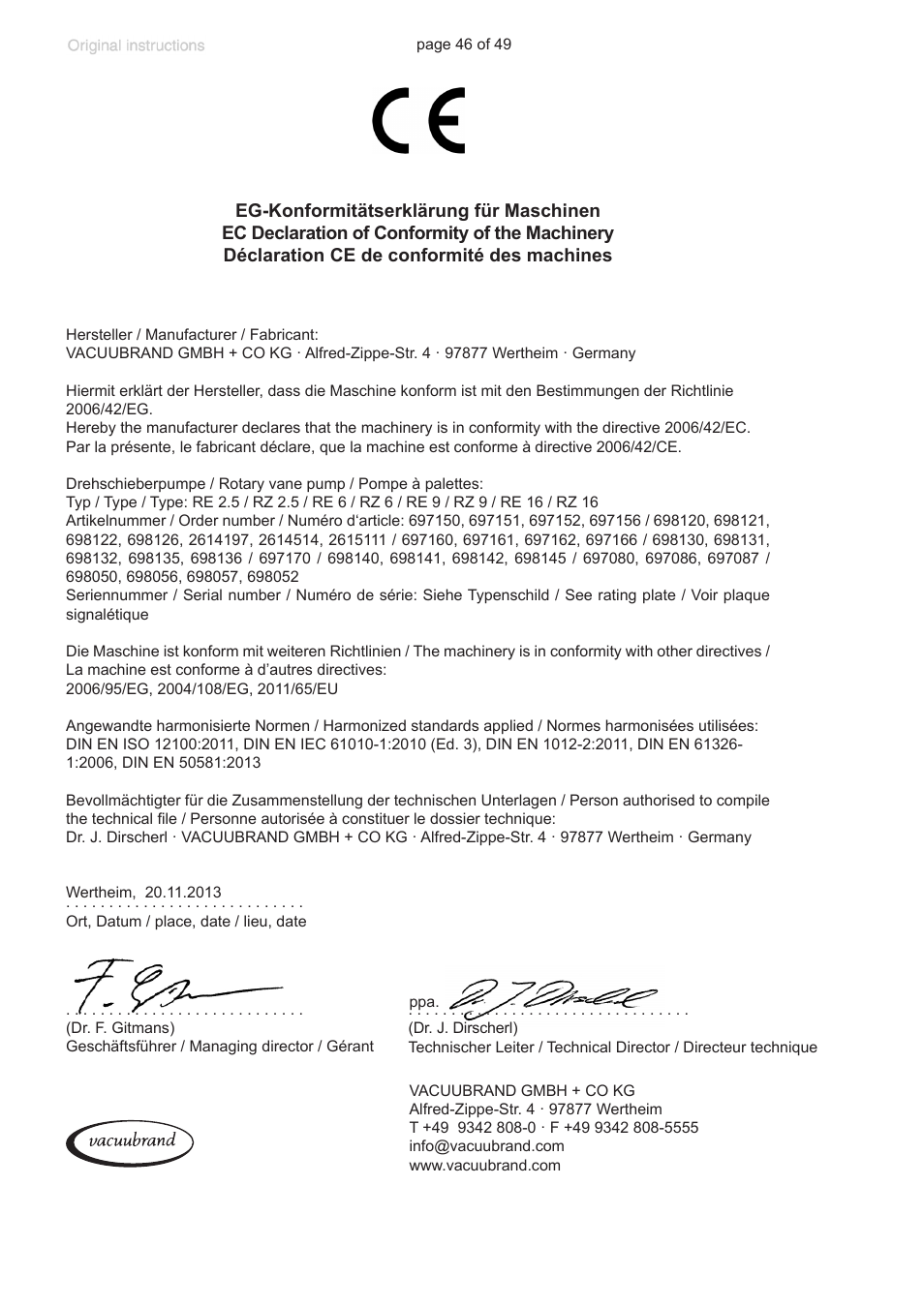 Ec declaration of conformity of the machinery | VACUUBRAND RZ 9 User Manual | Page 46 / 49