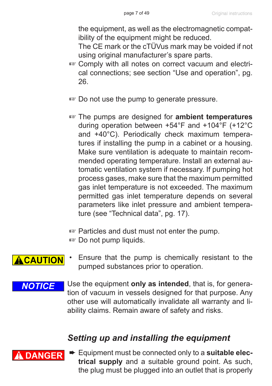 Setting up and installing the equipment, Notice | VACUUBRAND RZ 9 User Manual | Page 7 / 49