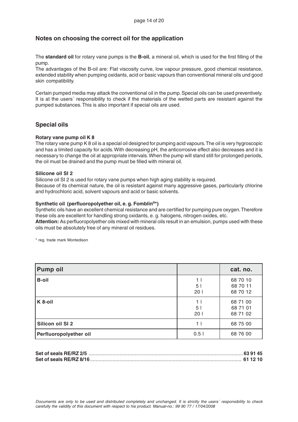 Special oils | VACUUBRAND RZ 8 User Manual | Page 14 / 20