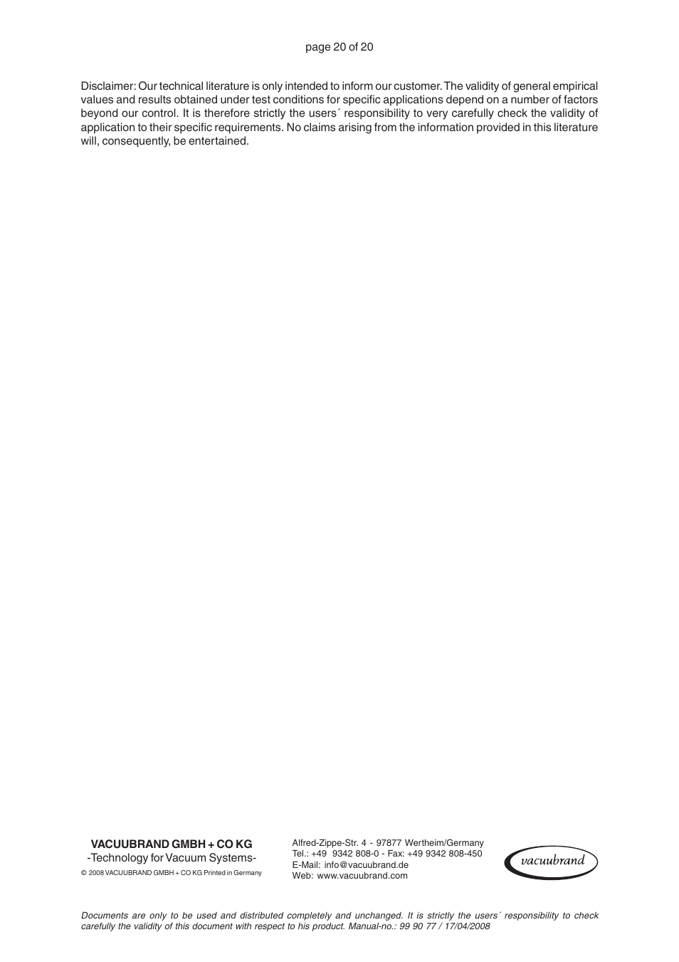 VACUUBRAND RZ 8 User Manual | Page 20 / 20