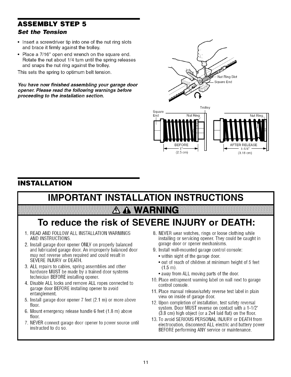 Assembly step 5, Set the tension, Installation | Craftsman 139.53918d User Manual | Page 11 / 79