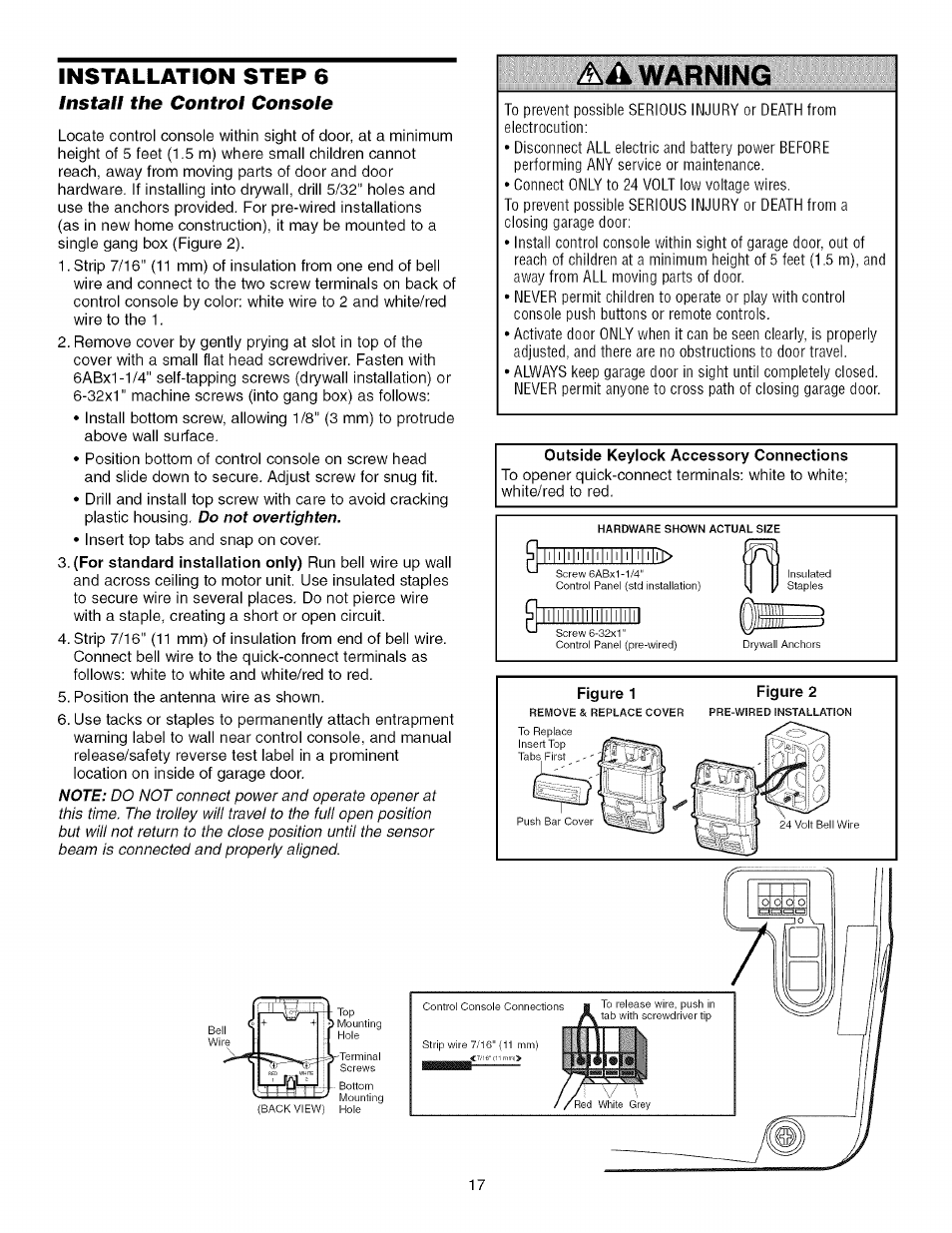 Installation step 6, Install the control console, Aa warning | Outside keylock accessory connections, Figure 2 | Craftsman 139.53918d User Manual | Page 17 / 79